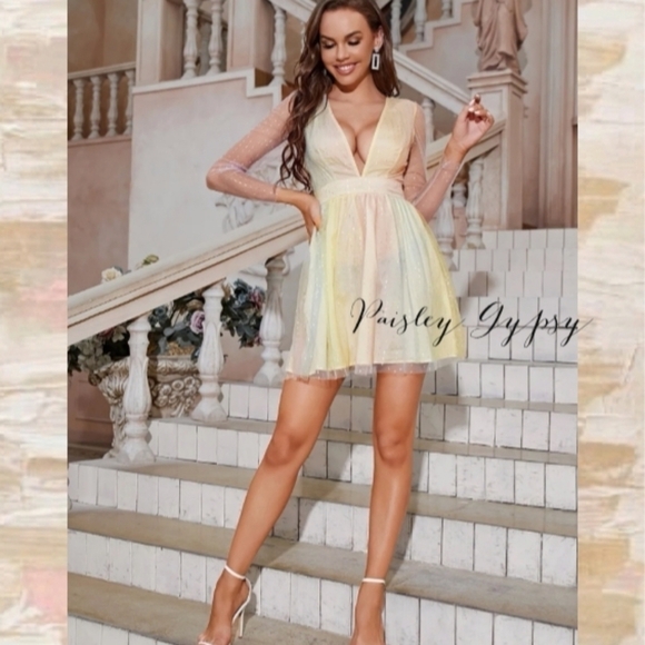 Fun and Flirty Semi Sheer Mini Formal Dress Pastel Rainbow Shades - Picture 1 of 8